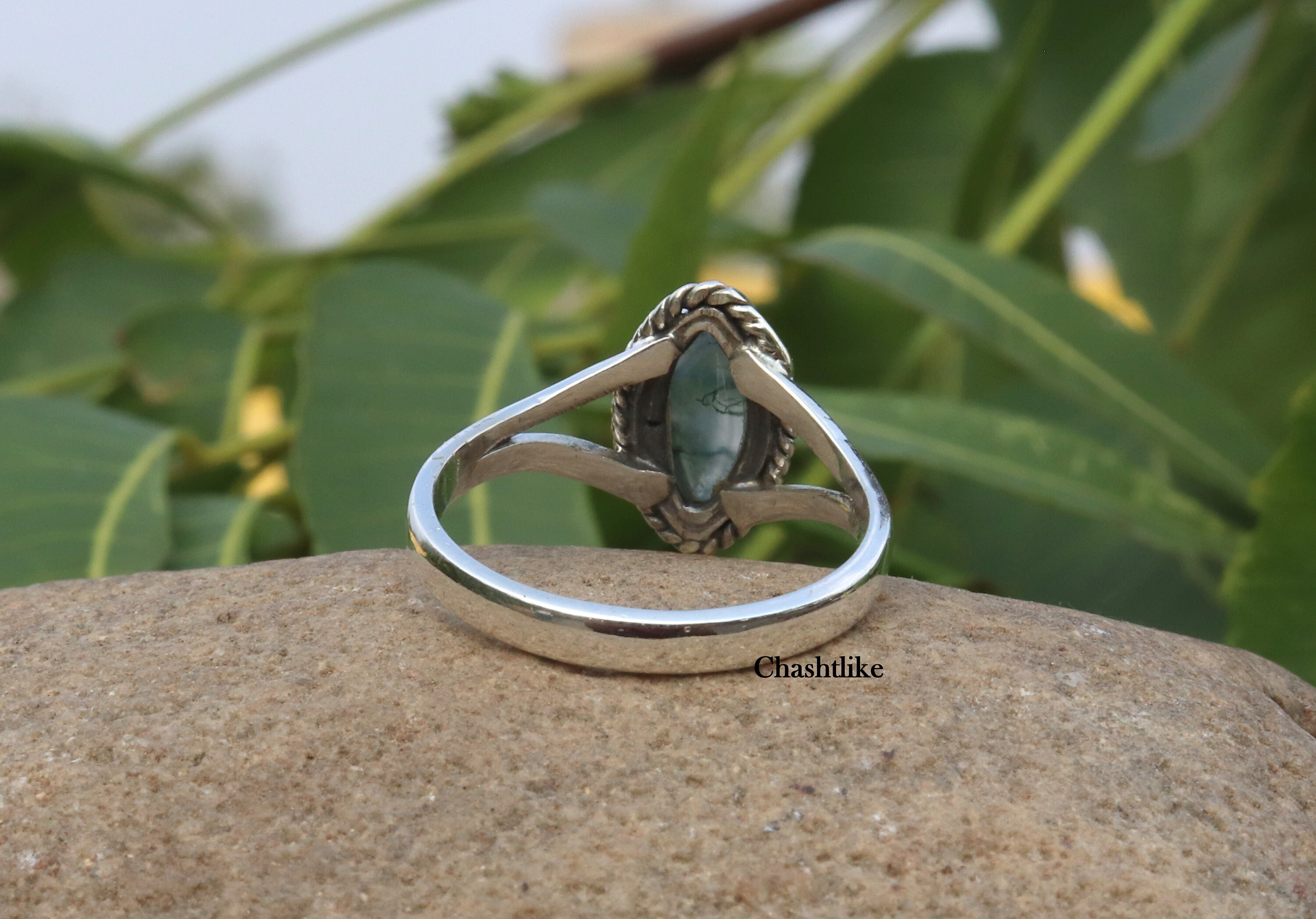 Bague En Argent 925 Filigranée Avec Agate Verte - Taille 58/59, Occasion Bon état, Poinçonnée