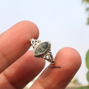 Handmade Moss Agate Ring: 925 Silver Bezel, Marquise Stone