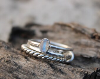 Handmade Moonstone Stacking Ring Set: 925 Sterling Silver Tree Rings