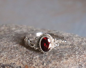 Handmade Red Garnet Ring: 925 Silver, January Birthstone, Oval Cut Gemstone
