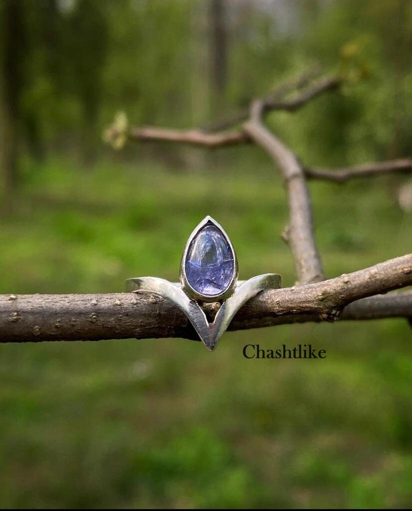 Bague En Argent 925 Avec Tanzanite Facettée En Forme De Poire - Taille 7, Neuve