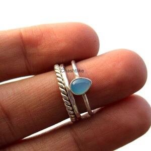 Blue Chalcedony Stacking Ring - 925 Silver Ring -  3 Stacking Ring Set -Chalcedony Ring - Cabochon Ring - Handmade Chalcedony silver Jewelry