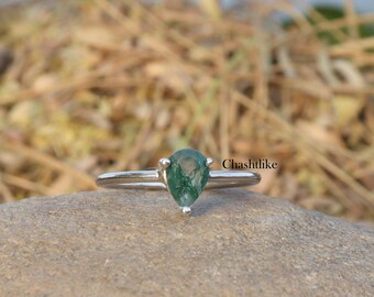 Anillo de ágata musgosa natural - Anillo de plata 925 - Anillo artesanal con talla de pera - Joyería de ágata musgosa - Anillo minimalista de ágata musgosa - Anillo de regalo para ella