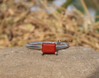 Anillo de jaspe rojo natural - Anillo de plata 925, anillo de jaspe baguette - Anillo hecho a mano - regalo para ella, joyería de jaspe rojo, anillo de jaspe minimalista