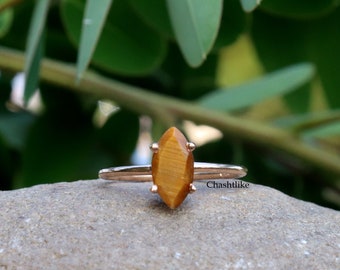 Rose Gold Plated 925 Silver Ring: Natural Tiger Eye Marquise