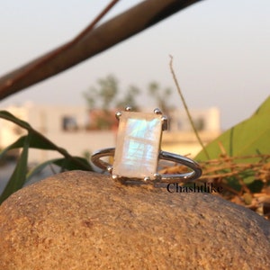 Moonstone Ring - White Rainbow Moonstone Ring - Handmade 925 Silver Ring - wedding Jewelry - Moonstone Baguette Cut stone Ring  Gift for her
