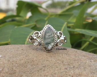 Natural Green Moss agate Ring , Gemstone Ring , Handmade Ring , 925 Silver Ring , Mother Gift Ring, Moss Agate Jewelry,Agate Minimalist Ring