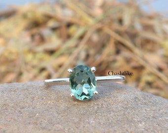 Oval Green Amethyst Ring: 925 Sterling Silver, February Birthstone