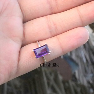 Natural Purple Amethyst Ring: 925 Sterling Silver, Baguette Cut
