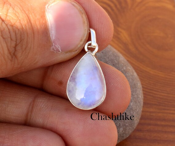 Handmade Pear Cabochon Rainbow Moonstone 925 Silver Pendant