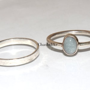 Aquamarine Ring Set: .925 Silver, Hammered Band, March Birthstone