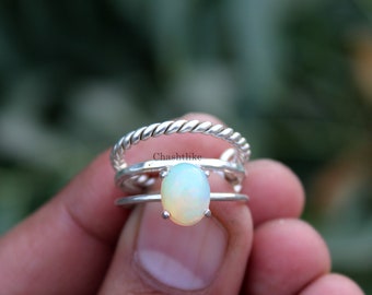 Natural Ethiopian Opal Ring - 925 Silver Prong Ring -  Stacking Ring Set - Opal Ring - Multi Fire Opal Ring - Handmade Ring - Opal Jewelry