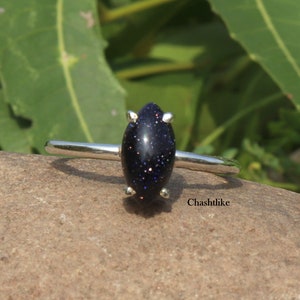 Handmade 925 Silver Ring: Blue Sunstone Marquise Cabochon