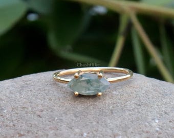 Natural Green Moss Agate Ring, Gold Plated 925 Silver Ring , Marquise Cut Handmade Ring , Wedding Ring - Moss agate Jewelry gift for her