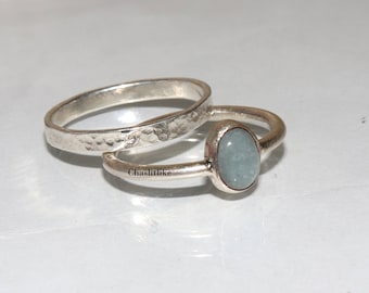 Natural Aquamarine Stone Ring ,925 Silver aquamarine Ring Set , March Birthstone Ring , Hammered ring ,Handmade Jewelry ,Gift to her Ring