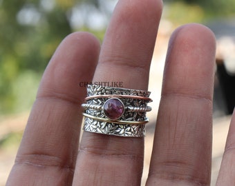 Natural Pink Tourmaline 925 Silver Spinner Ring, Handmade Meditation Jewelry , Tourmaline Ring , Birthstone Ring, Wedding Ring gift for her