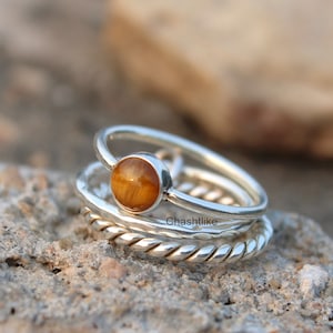 Natural Tiger Eye Stacking Ring - 925 Silver Ring -  Stacking Ring Set -Tiger Eye Ring - Birthstone Ring - Handmade Tiger Eye silver Jewelry