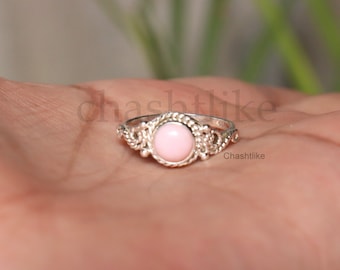 Ring roze opaal: ronde cabochon, geboortesteen 925 sterlingzilver