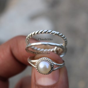 Handmade Pearl Stacking Ring: 925 Sterling Silver Band