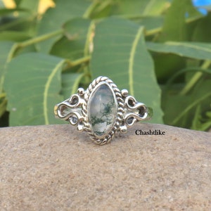 Marquise Moss Agate Ring: Handmade 925 Sterling Silver Bezel