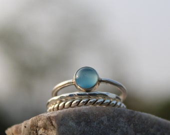 Blue Chalcedony Stacking Ring - 925 Silver Ring -  3 Stacking Ring Set -Chalcedony Ring - Cabochon Ring - Handmade Chalcedony silver Jewelry