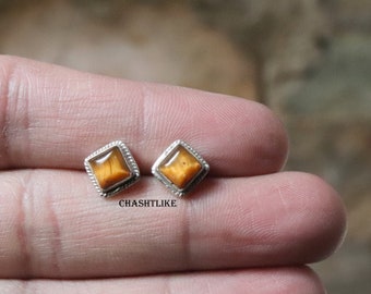 Yellow Tiger Eye 925 Silver Stud Earrings - Handmade Gemstone Jewelry