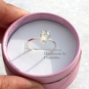 Natural Herkimer Diamond Ring: 925 Sterling Silver Pear Cab Birthstone
