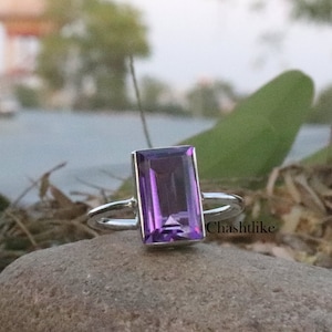 Natural Purple Amethyst 925 Silver Ring - Baguette Cut