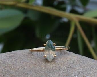 Natural Moss agate Ring - 925Sterling Silver Ring - Gold Plated Handmade Marquise Cut Ring -Faceted Stone Ring -Moss agate Jewelry Gift Ring