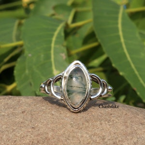 Green Moss Agate Ring: Handmade Bezel 925 Silver Marquise Stone