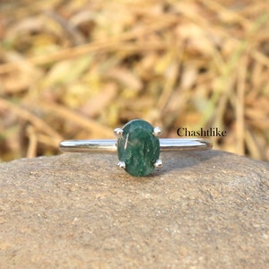 Oval Moss Agate Ring: 925 Silver, Gold Plated, Faceted Stone