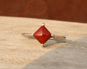 Anillo de jaspe rojo natural - Anillo de plata de ley 925, anillo minimalista de cabujón de jaspe, joyería de boda con piedras preciosas hecha a mano, anillo de jaspe