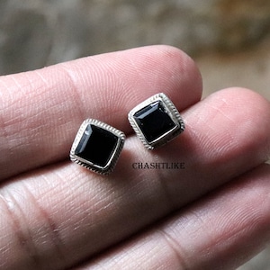 Black Onyx Stud Earrings - Onyx Handmade 925 Silver Earrings - Gemstone Stud - Gift to her  - Natural Onyx Chushion Tops - Onyx Jewelry