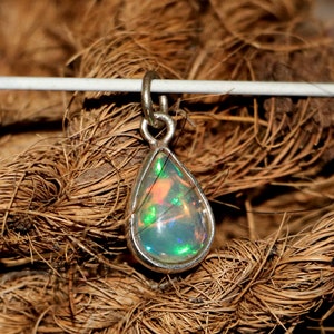 Natural Ethiopian Opal Pendant: 925 Silver Pear Cabochon, October Birthstone