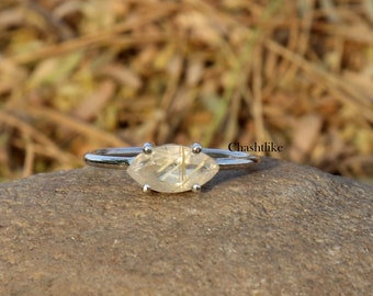 Bague en quartz rutile naturel - Bague en rutile doré - Bague en argent 925 - Bague en argent rutile - Bague en argent avec pierres précieuses faite main - Cadeau rutile pour sa bague