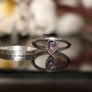 Amethyst Ring Set: Hammered 925 Sterling Silver February Birthstone