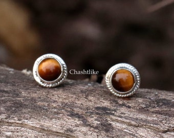 Yellow Tiger Eye 925 Silver Stud Earrings: Handmade Gemstone Jewelry