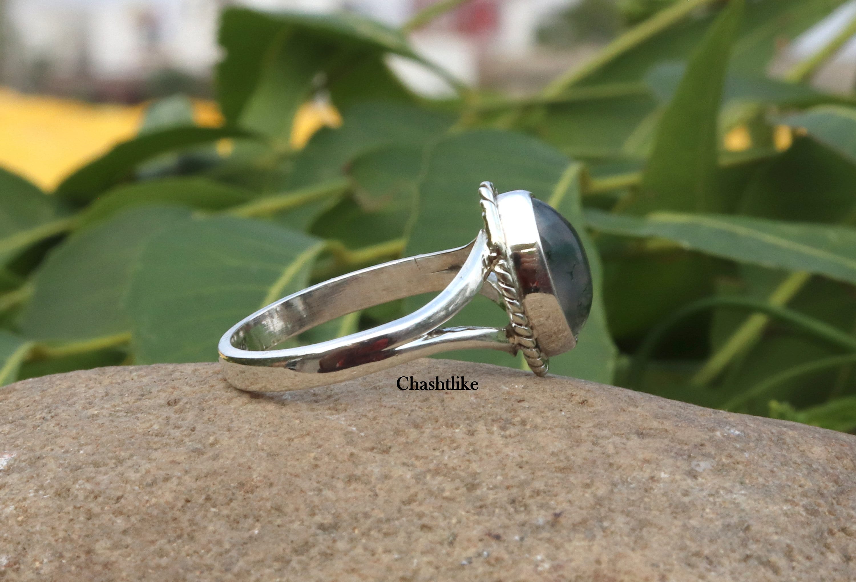 Bague Argent 925 Filigranée Avec Agate Verte Taille 58 - Occasion Bon état, Bijou Vintage