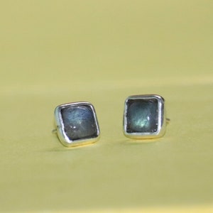 Handmade Labradorite 925 Silver Stud Earrings: Grey Blue Gemstone