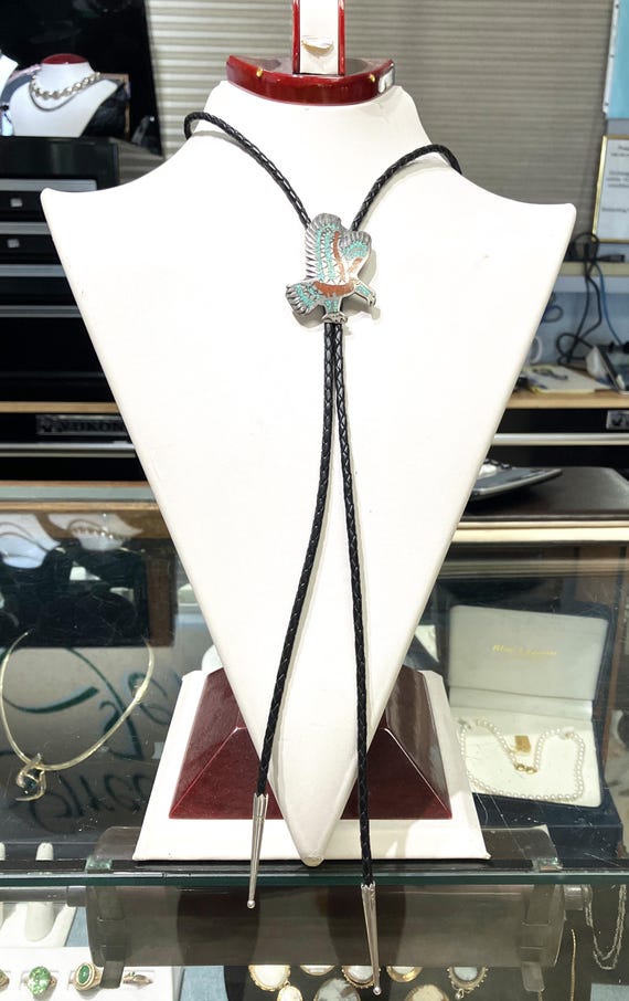 Signed William Singer Eagle Bolo with Turquoise a… - image 4