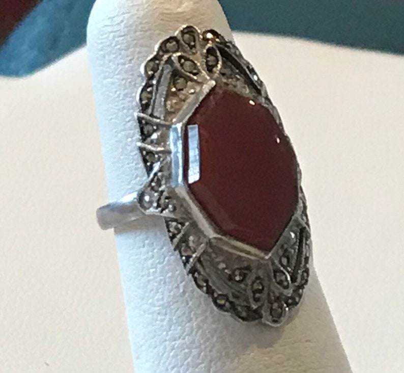 Antique ring with one octagonal carnelian and marcasite set in sterling silver