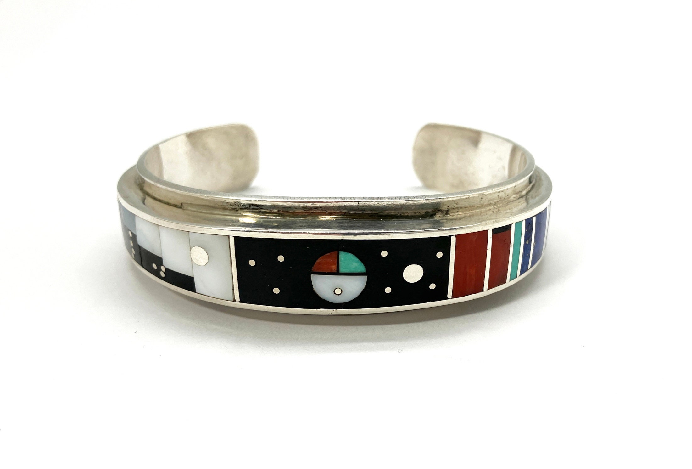Signed Harold Smith Gemstone Inlay Cuff Bracelet in Sterling