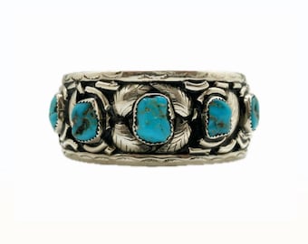 Vintage Turquoise Leaf and Scroll Cuff Bracelet- Sterling Silver- Southwestern- large cuff