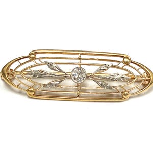 14K Yellow Gold Brooch with Old European Cut Diamond - Art Deco Style -  Botanical - Old European Cut - Milgrain