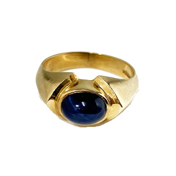 10K Yellow Gold and Blue Star Sapphire Men's Ring - Gent's Ring - Men's Jewelry - Pinky Ring - Oval Lab-Created Star Sapphire - Brushed Gold