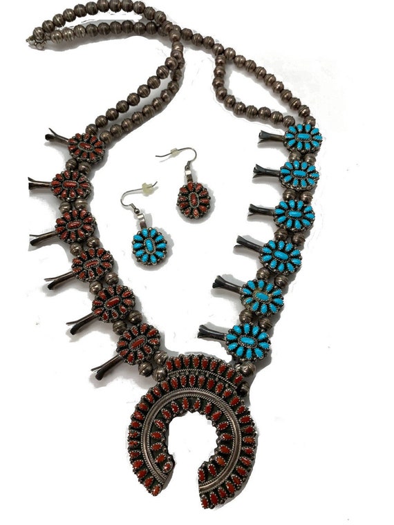 Reversible Squash Blossom Necklace Earring Set Turquoise Etsy