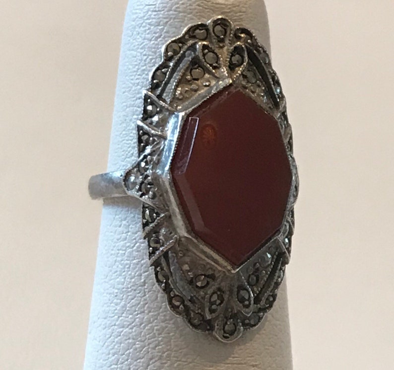 Antique ring with one octagonal carnelian and marcasite set in sterling silver