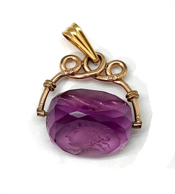 Carved Amethyst Intaglio Stamp with 10K Gold Penda