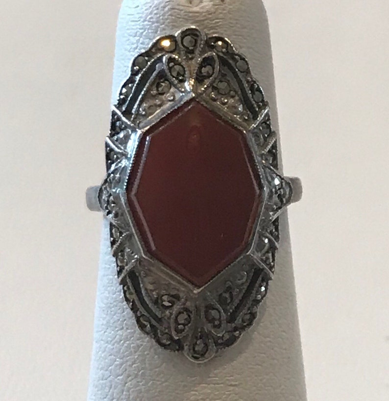 Antique ring with one octagonal carnelian and marcasite set in sterling silver