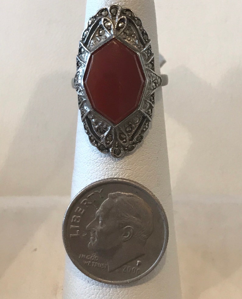 Antique ring with one octagonal carnelian and marcasite set in sterling silver